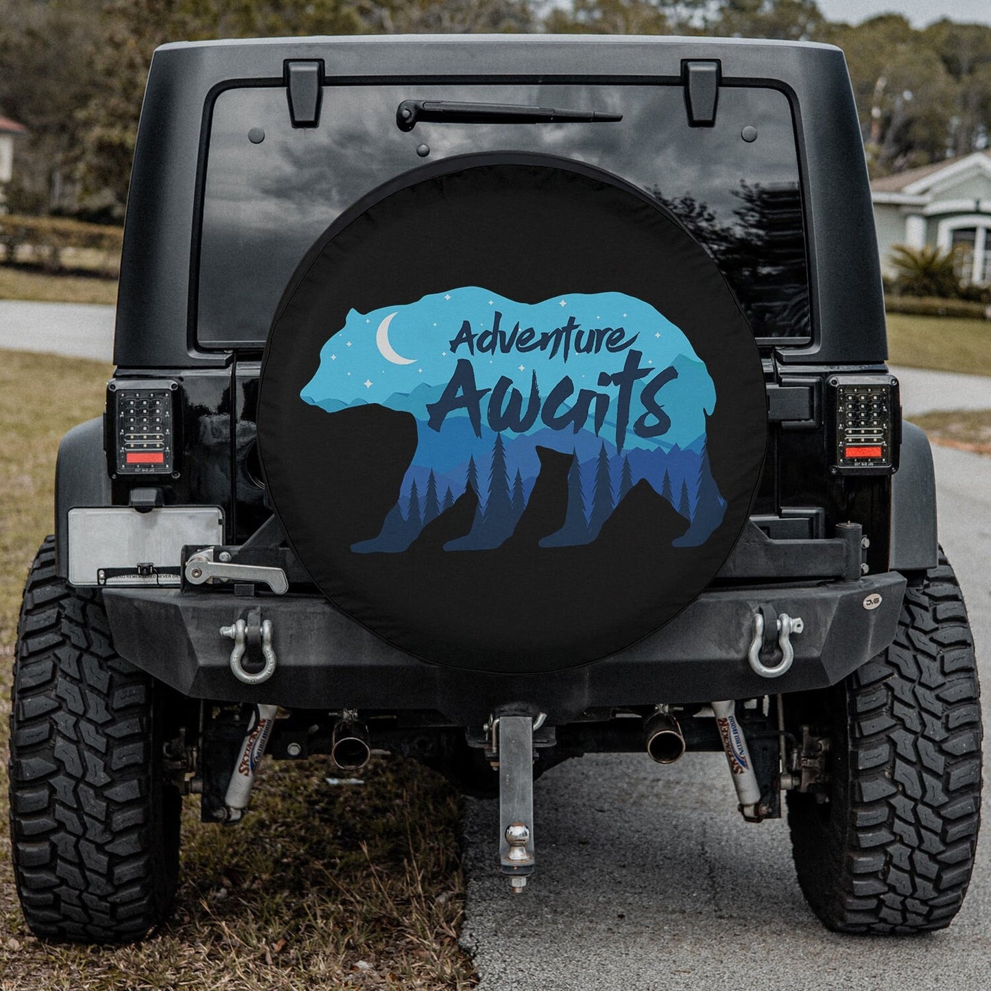 Lux Leather Tire Cover - Adventure Awaits Retro Bear Jeep Bronco Rav Camper Camping