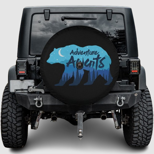 Lux Leather Tire Cover - Adventure Awaits Retro Bear Jeep Bronco Rav Camper Camping