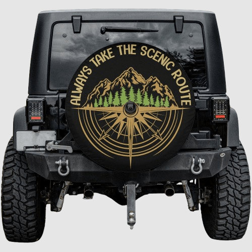 Lux Leather Tire Cover - Always Take The Scenic Route Jeep Bronco Rav Camper Camping