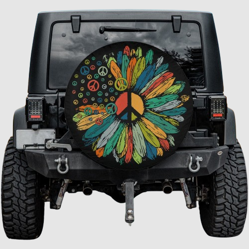 Lux Leather Spare Tire Cover - Daisy Peace Sign Hippie Soul Symbols