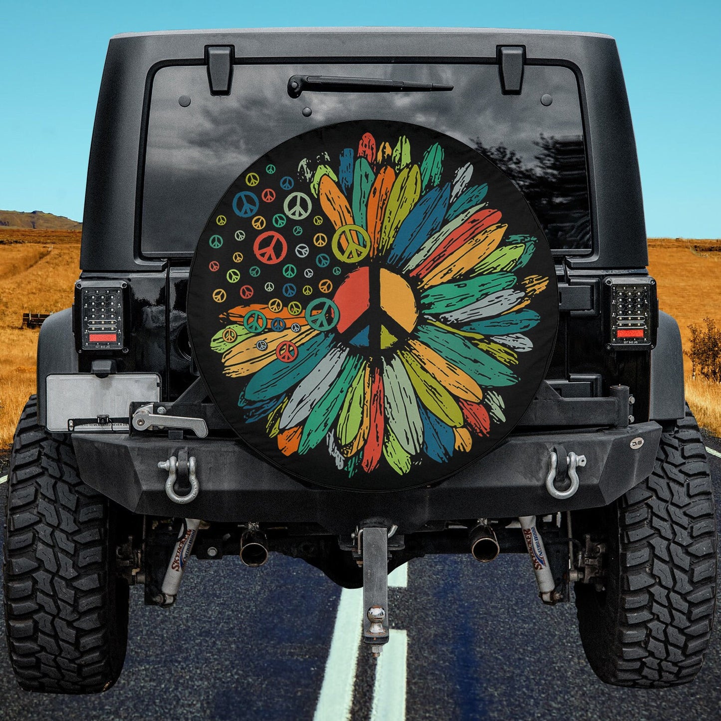 Lux Leather Spare Tire Cover - Daisy Peace Sign Hippie Soul Symbols