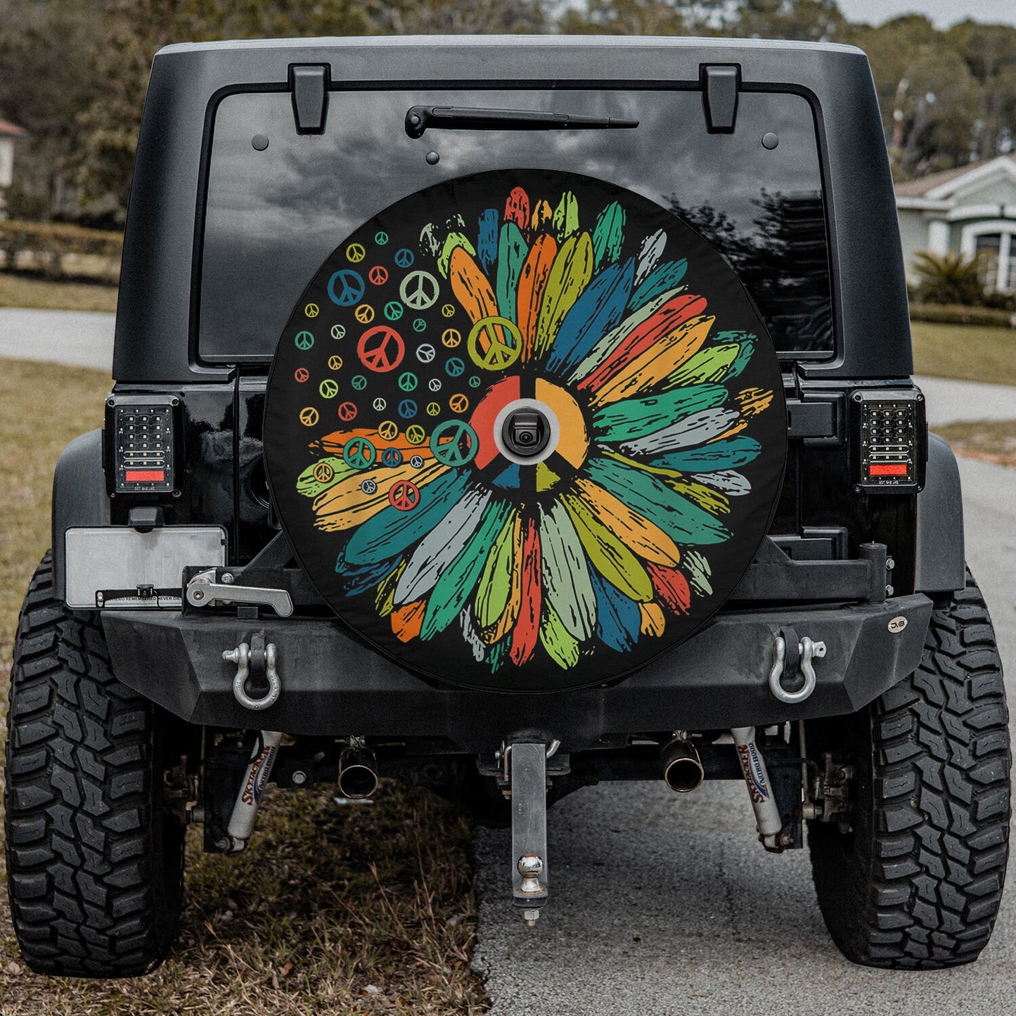 Lux Leather Spare Tire Cover - Daisy Peace Sign Hippie Soul Symbols