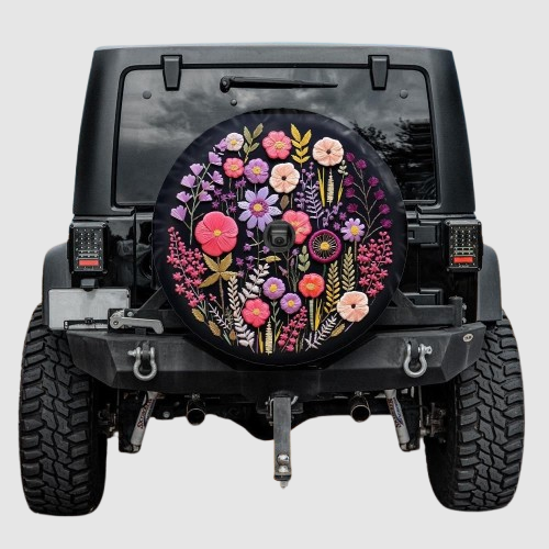 Lux Leather Spare Tire Cover - Faux Embroidery Pink Flower