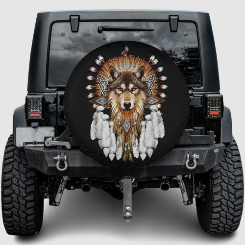 Lux Leather Spare Tire Cover - Wolf Indian Native Pride Motorcycle