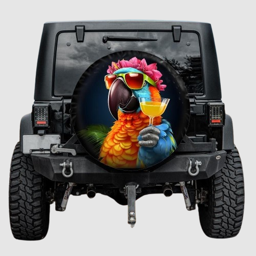 Lux Leather Spare Tire Cover - Funny Tropical Parrot