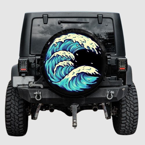 Lux Leather Tire Cover - Ocean Wave Sea Camping Mountain